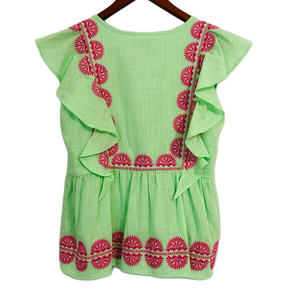 J.Marie Blouse Women S Green Pink Cotton Blend Embroidery Ruffle Boho Resort - Picture 2 of 12